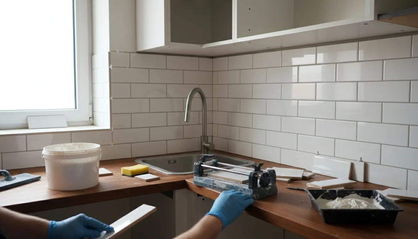 Hænder monterer hvide metrofliser som 50 cm høj bagplade i et køkken med værktøj og skårne fliser på bordpladen.