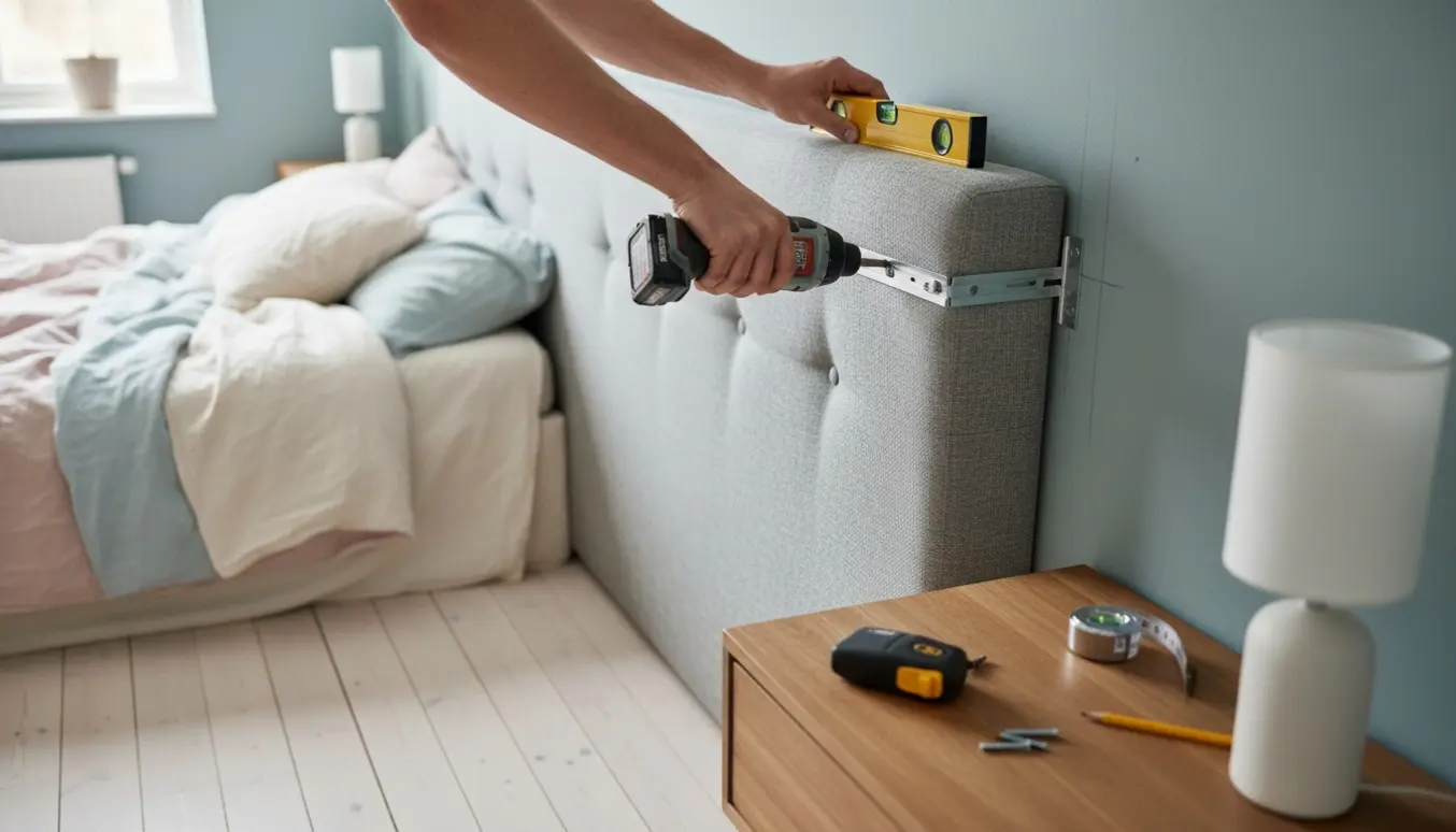 Hænder monterer en polstret sengegavl på væggen med boremaskine og vaterpas i et lyst soveværelse.