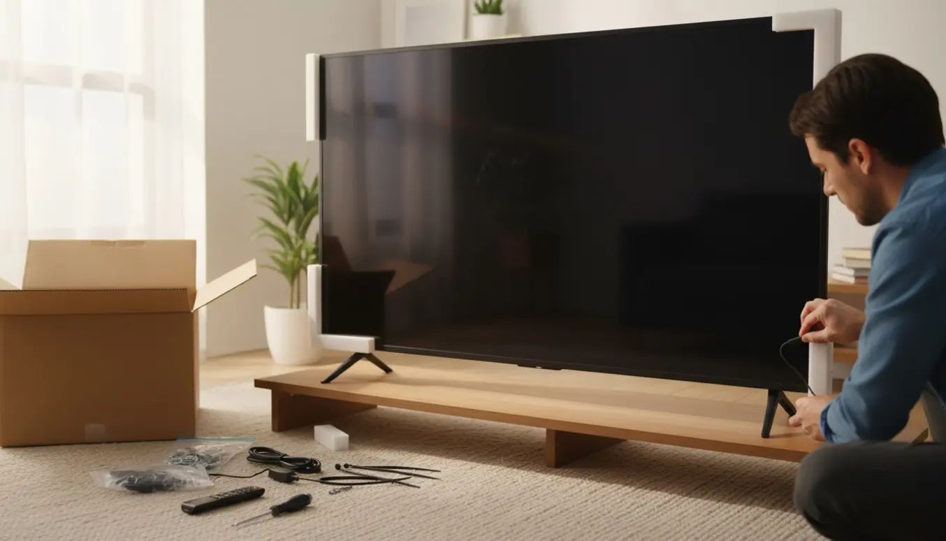 Et nyt stort fladskærmsfjernsyn pakkes ud og forbindes i en lys, moderne stue.