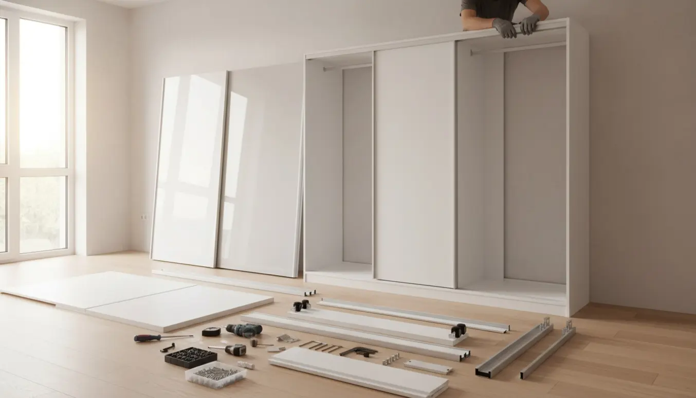Delvist adskilt og genmonteret 2,5 m skydedørsgarderobe i et tomt rum med værktøj spredt på gulvet.