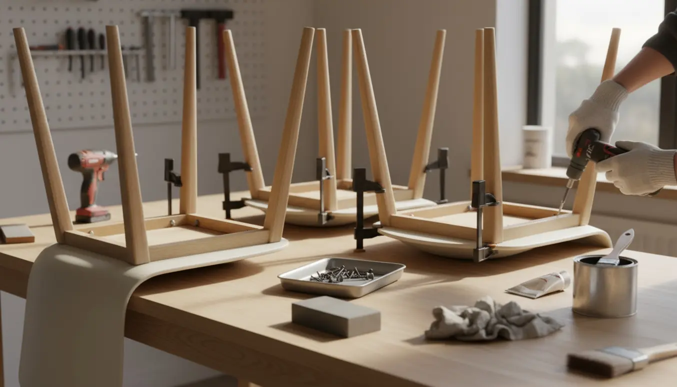 Fire HAY-stole lagt med undersiden opad på et arbejdsbord, hvor løse trærammer bliver limet, skruet og spændt fast.