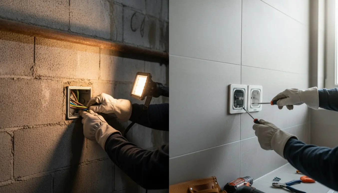 Nærbillede af hænder, der installerer to nye el-stik — ét i kælderrum med beton og ét på et flisebadeværelse, med værktøj og kabler.
