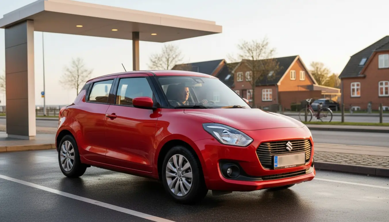 En rød Suzuki Swift parkeret ved en hurtig‑madsrestaurant i Fredericia, klar til at køre ad Odensevej mod Assens.