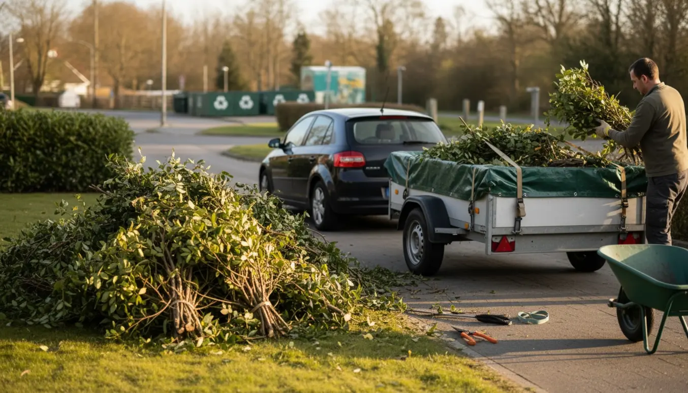 En åben trailer lastes med hække- og buskaffald ved husets indkørsel, klar til bortkørsel.