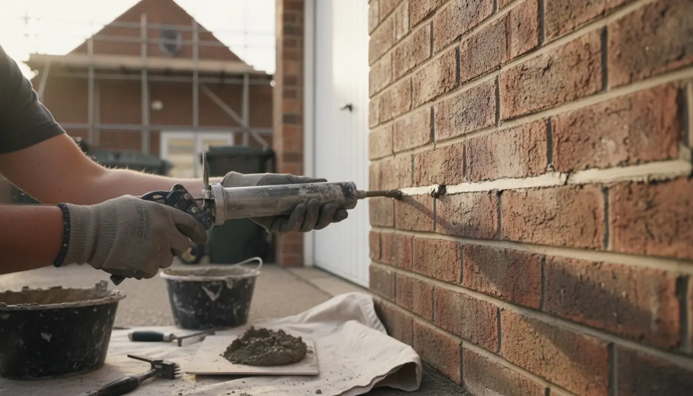Hænder fuger murværk ved garage og gavl med mørtel og fugepistol, stillads i baggrunden.