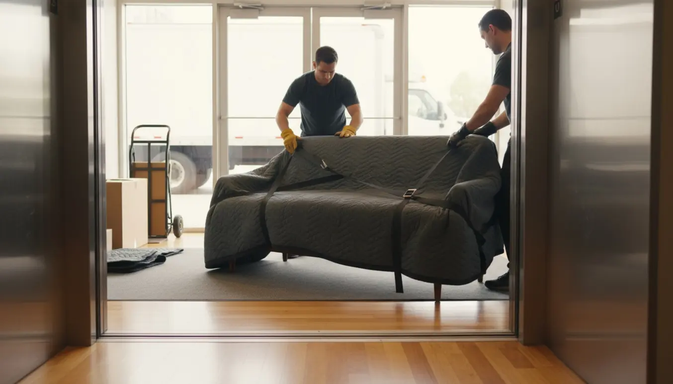 Flyttefolk bærer en indpakket sofa ind i en åben elevator i en moderne opgang.