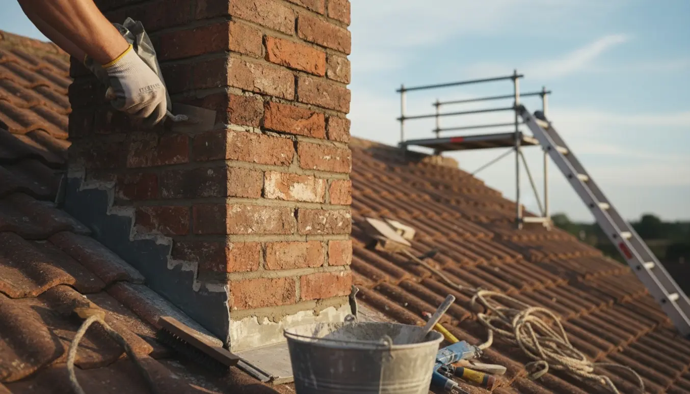 Nærbillede af en skorsten på et tegltag, hvor en håndværker i handsker udskifter fuger mellem mursten med mørtel og værktøj.
