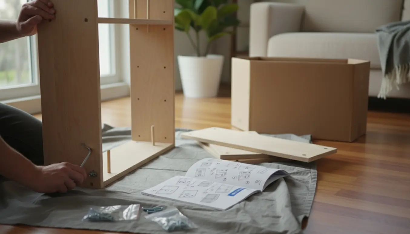 Delvist samlet IKEA‑reol i en lys stue med hænder, unbrakonøgle, skruer og åbne monteringsdele.