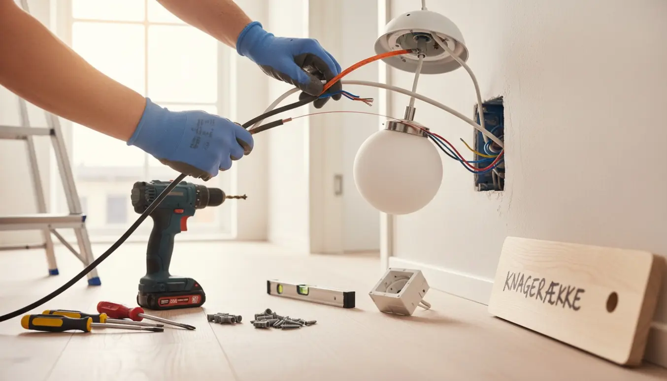Elektriker trækker ledning gennem et lampeophæng og forbereder råplugs til at montere en knagerække.
