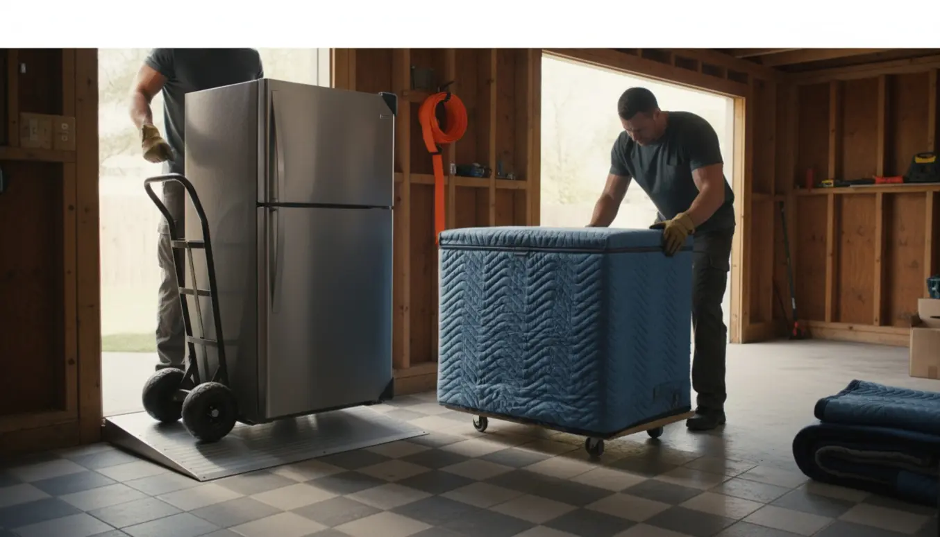To stærke personer flytter et køleskab og en fryser mellem bryggers, skur og carport med sækkevogn og flyttetæpper.