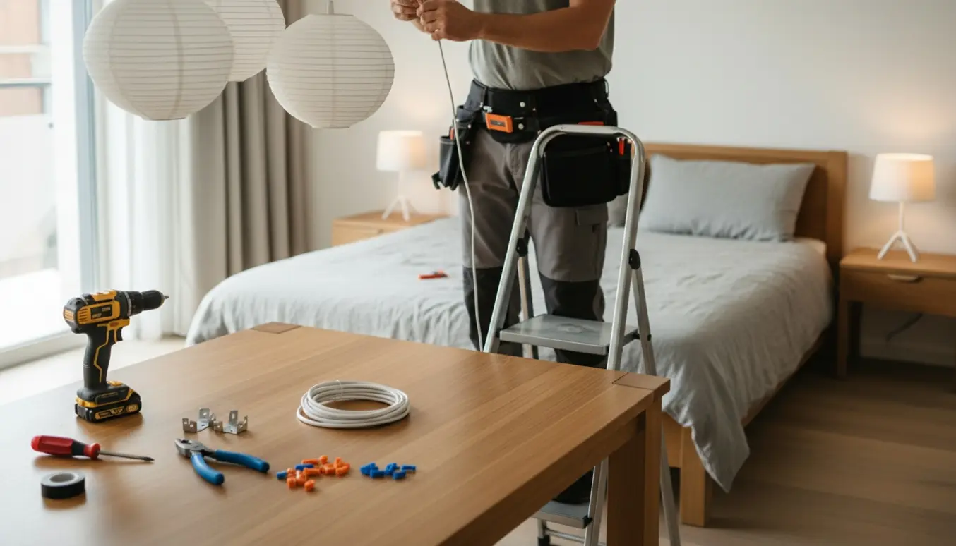 Installatør på stige forbinder hvid ledning til rispapirlampe over spisebordet, mens to sengelamper ligger klar på natbordet.