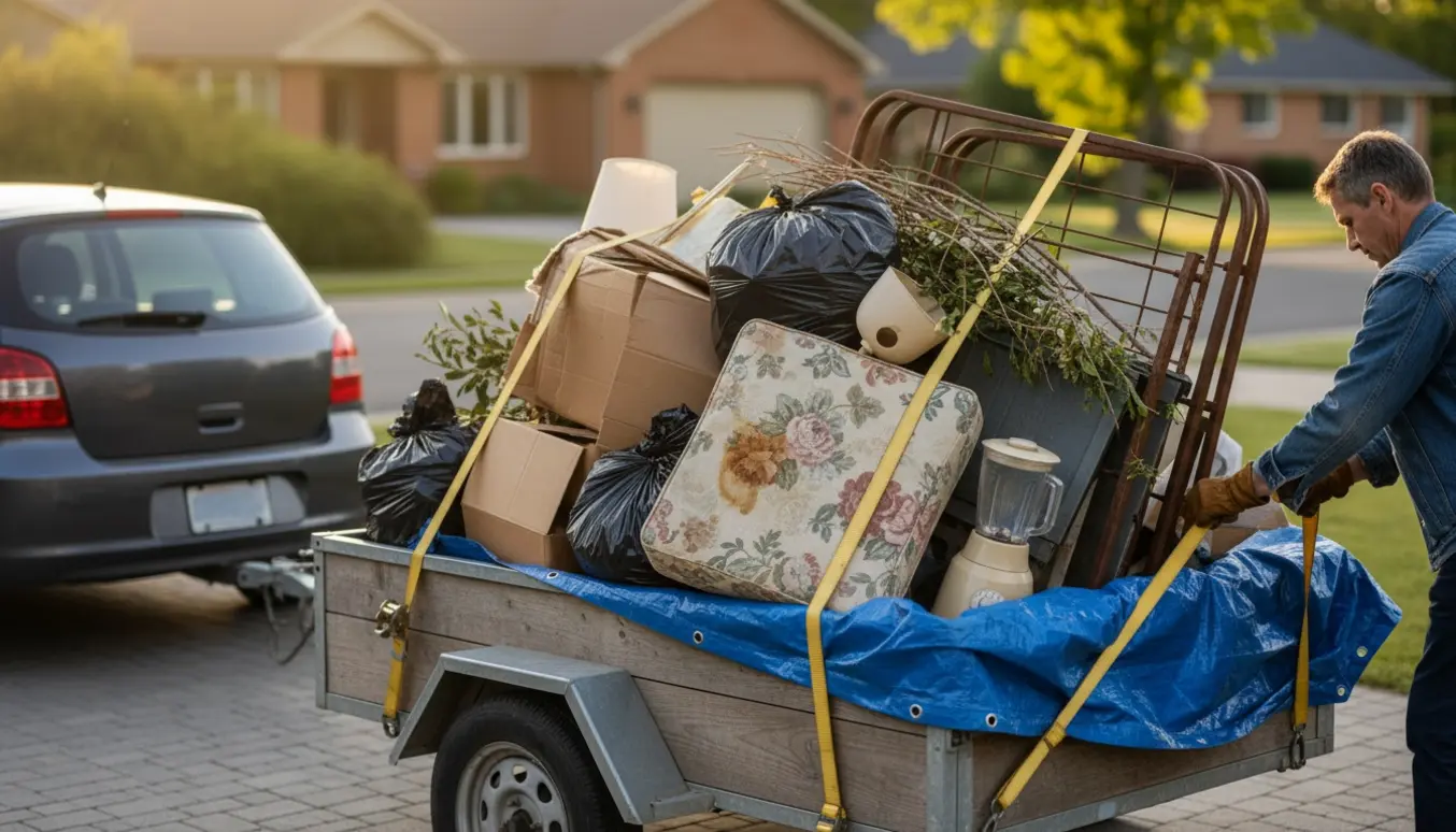 Trailer fyldt med blandet affald i indkørsel, mens hænder i handsker spænder remme over læsset.