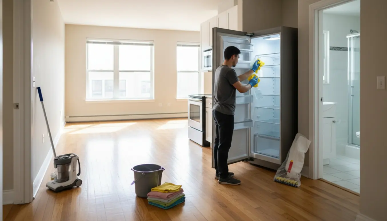 Ren lejlighed efter fraflytning med nymalede vægge og hænder, der pudser køleskabets hylder.