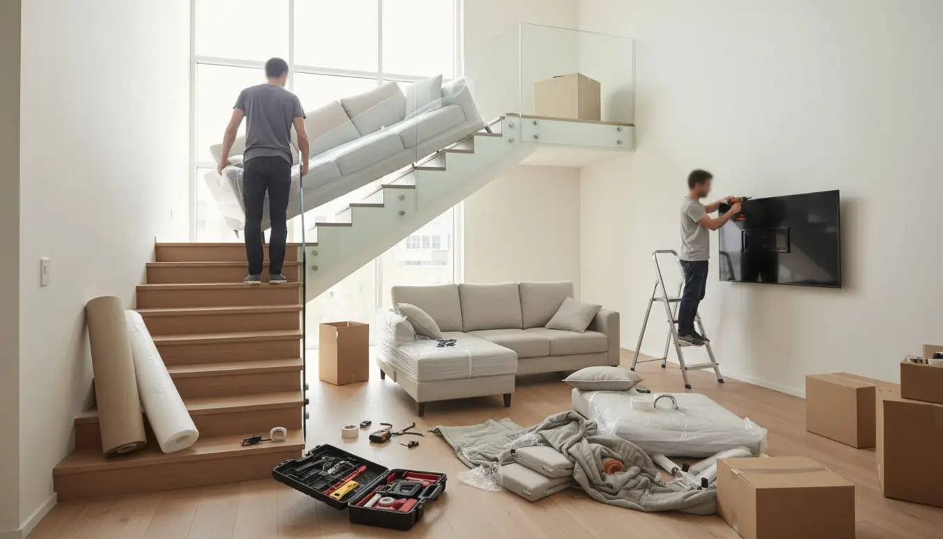 To personer bærer og samler en stor chaiselong-sofa op ad trappen, mens et fladskærms-tv bliver hængt op på væggen.