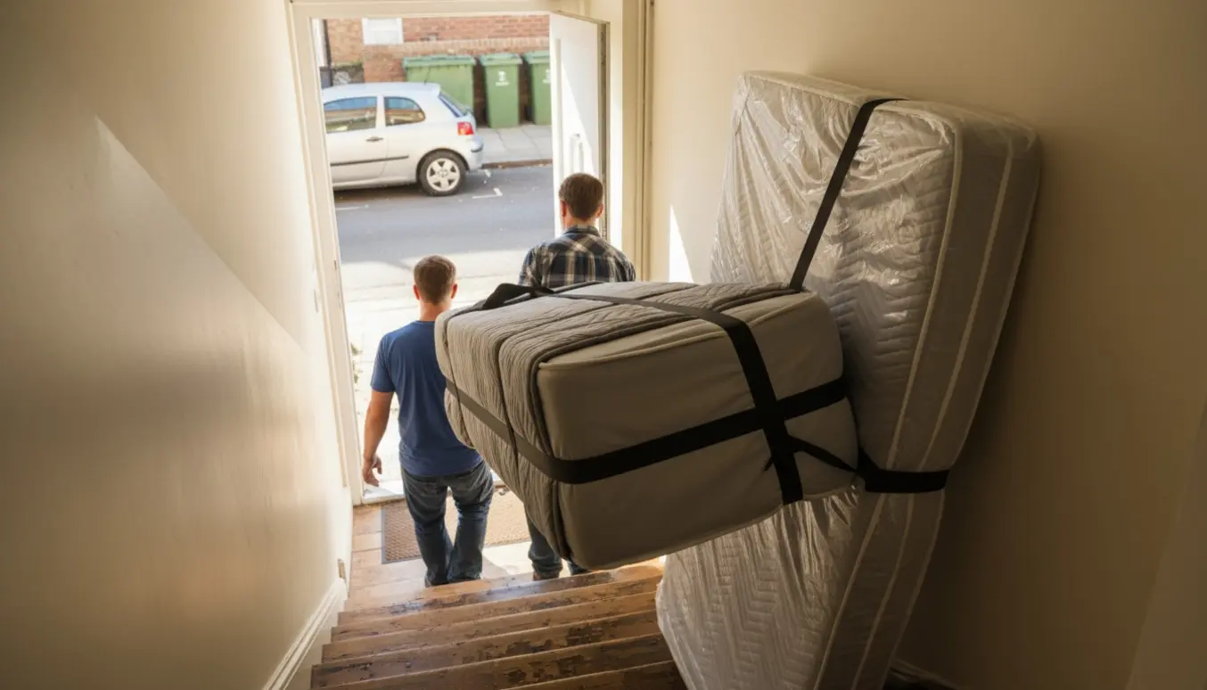 To personer bærer en boxmadras ned ad trappen, mens en anden madras står i gangen med containerplads i baggrunden.