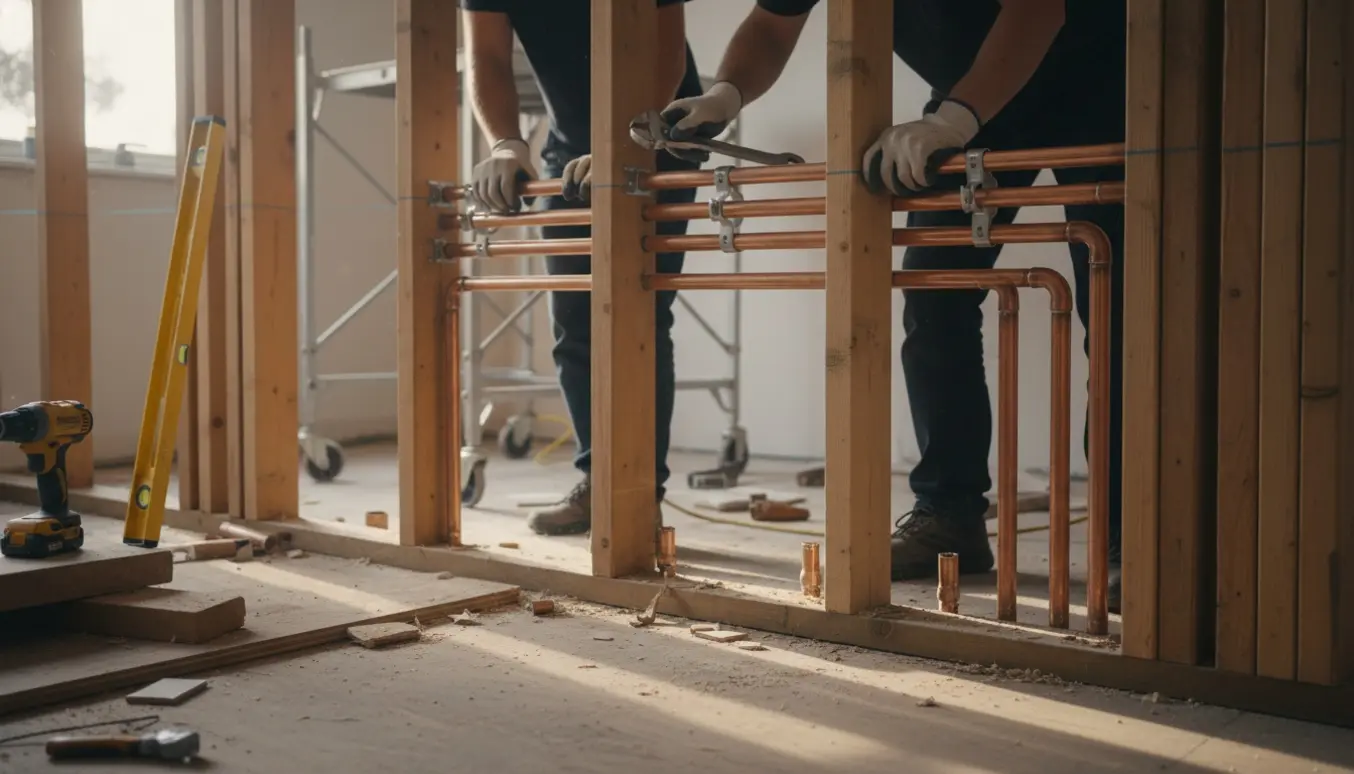 Håndværkere flytter vandrette rør op over en ny døråbning i et indendørs byggeprojekt.