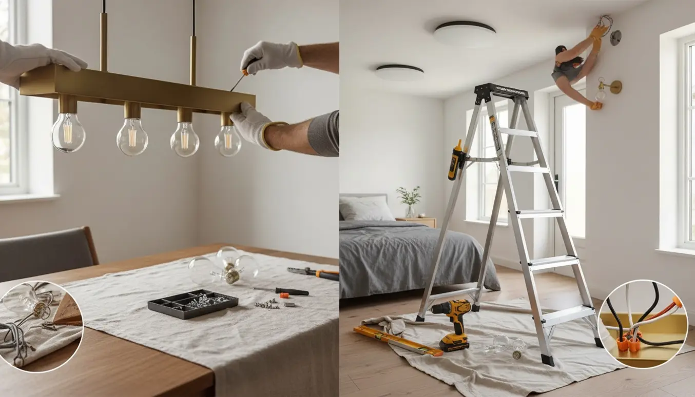 Hænder monterer tre lamper i hjemmet: pendel over spisebordet, loftslampe i soveværelset og væglampe i entréen.