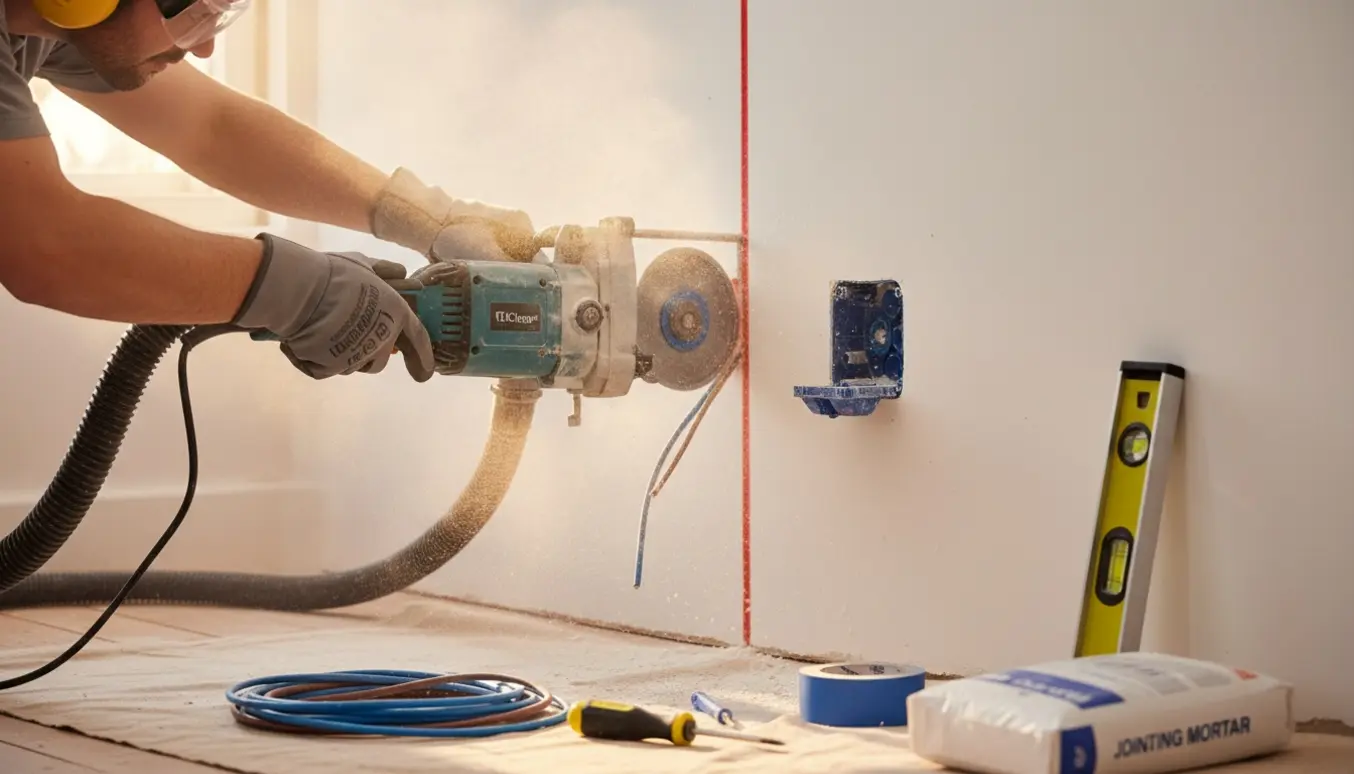 Nærbillede af hænder, der fræser en kabelrende i en væg langs en rød markering.