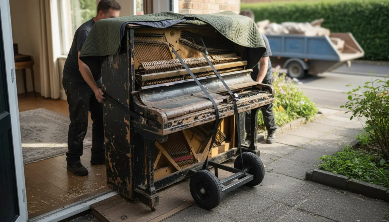 Et slidt opretstående klaver med synlig jernramme bliver flyttet fra en stue mod fortovet på tæpper og tralle.