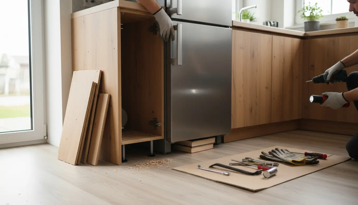 Delvist trukket køle/fryseskab i åbent køkkenskab mens bundplade fjernes, værktøj liggende klar.