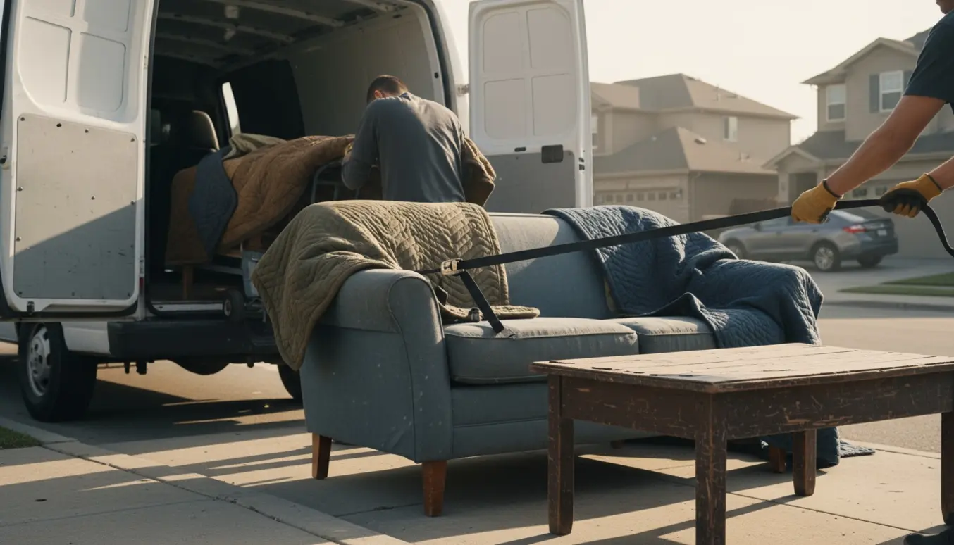 En slidt sofa og et sofabord læsses ind i en åben varevogn ved fortovet med tralle og stropper.