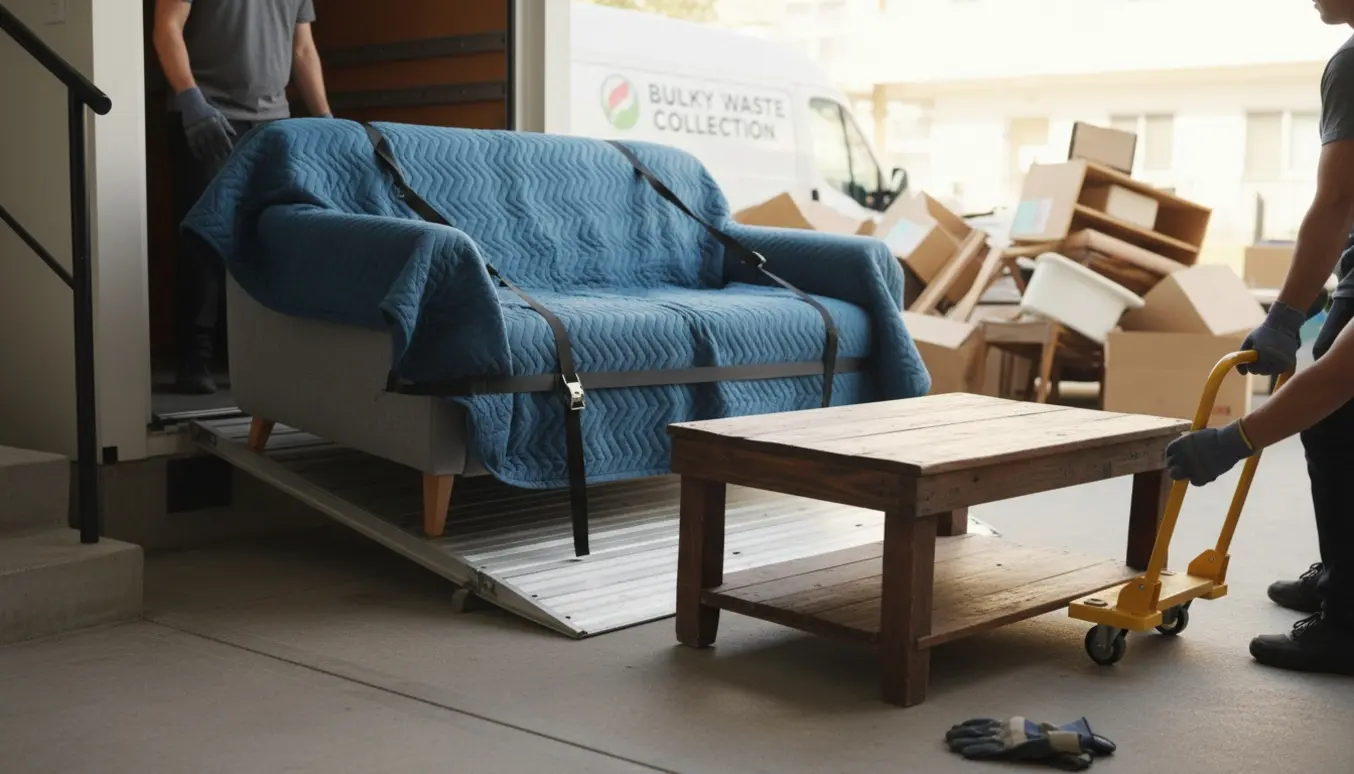 To personer bærer en sofa og et sofabord ud af en lejlighed og laster dem på en varevogn til storskrald.
