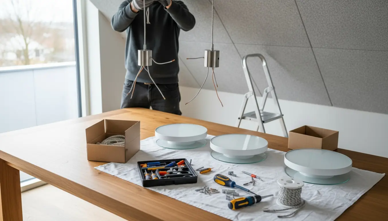 Pendel delvist monteret under Troldtekt-loft over spisebord, med værktøj og plafonder klar til ophængning.