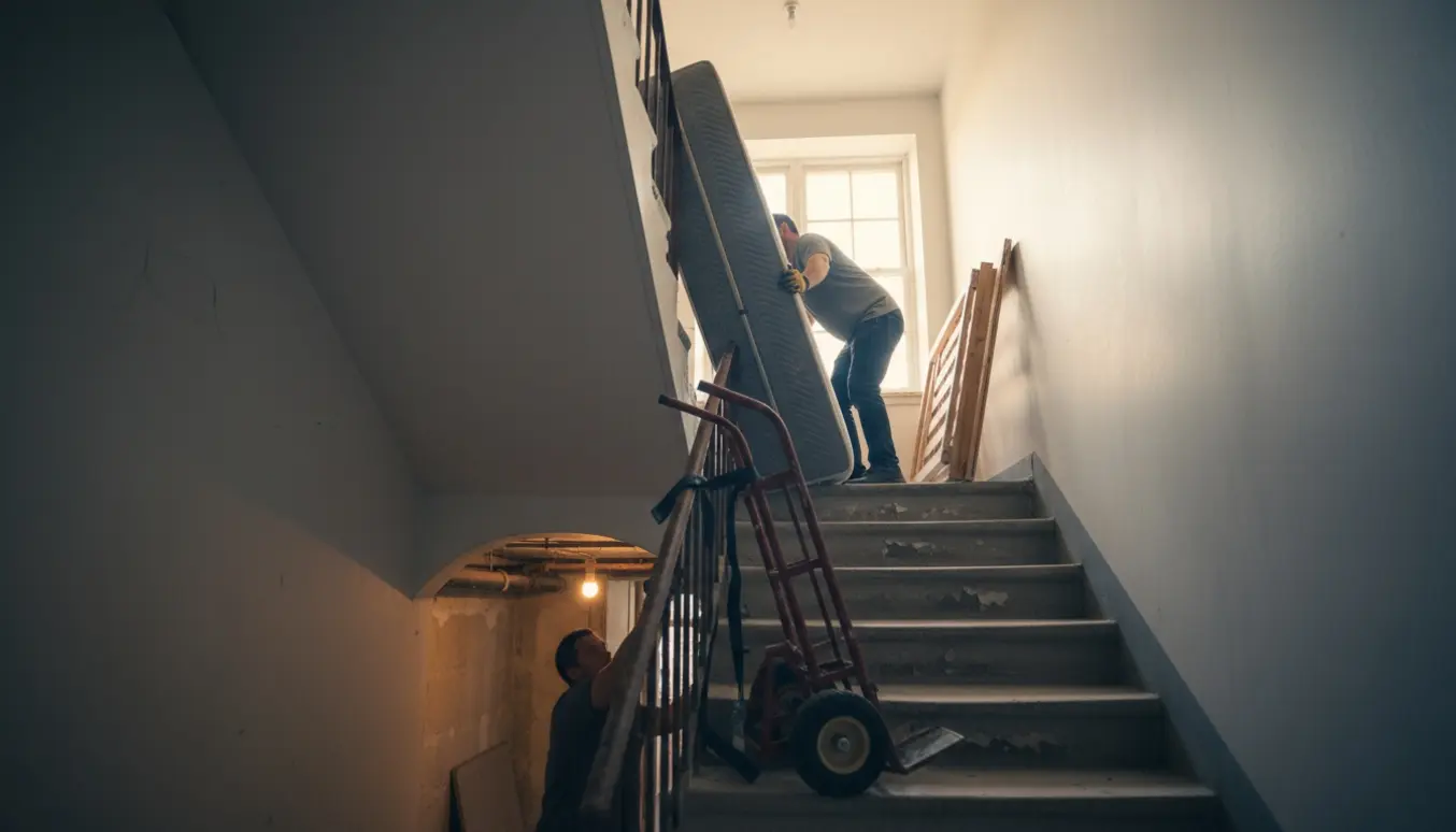 Flyttefolk bærer en boksmadras op ad en trappe fra kælderen mod tredje sal, pakket ind i flyttetæpper.