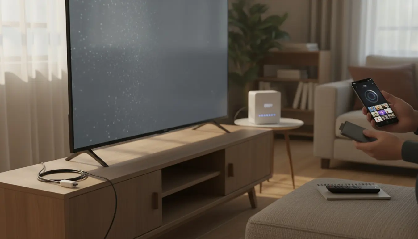 Hånd trækker en Chromecast-lignende streaming-dongle ud af et TV, mens en telefon viser indlæsning.