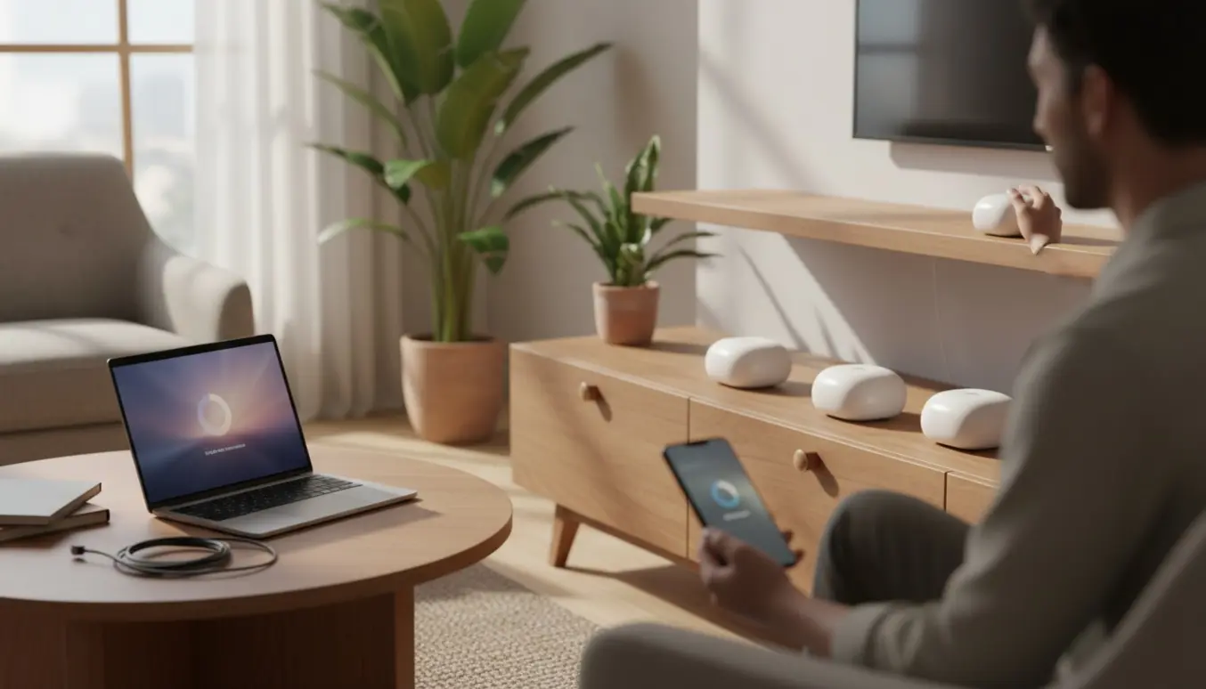 En person opsætter et trådløst mesh-netværk i en lys, moderne stue med router og noder på et træskab.