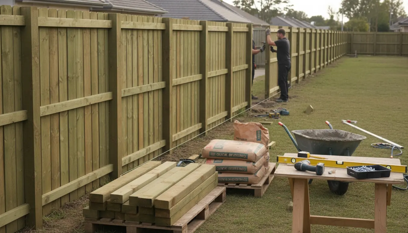 Delvist opført trykimprægneret stakit i en villahave med værktøj og materialer klar.