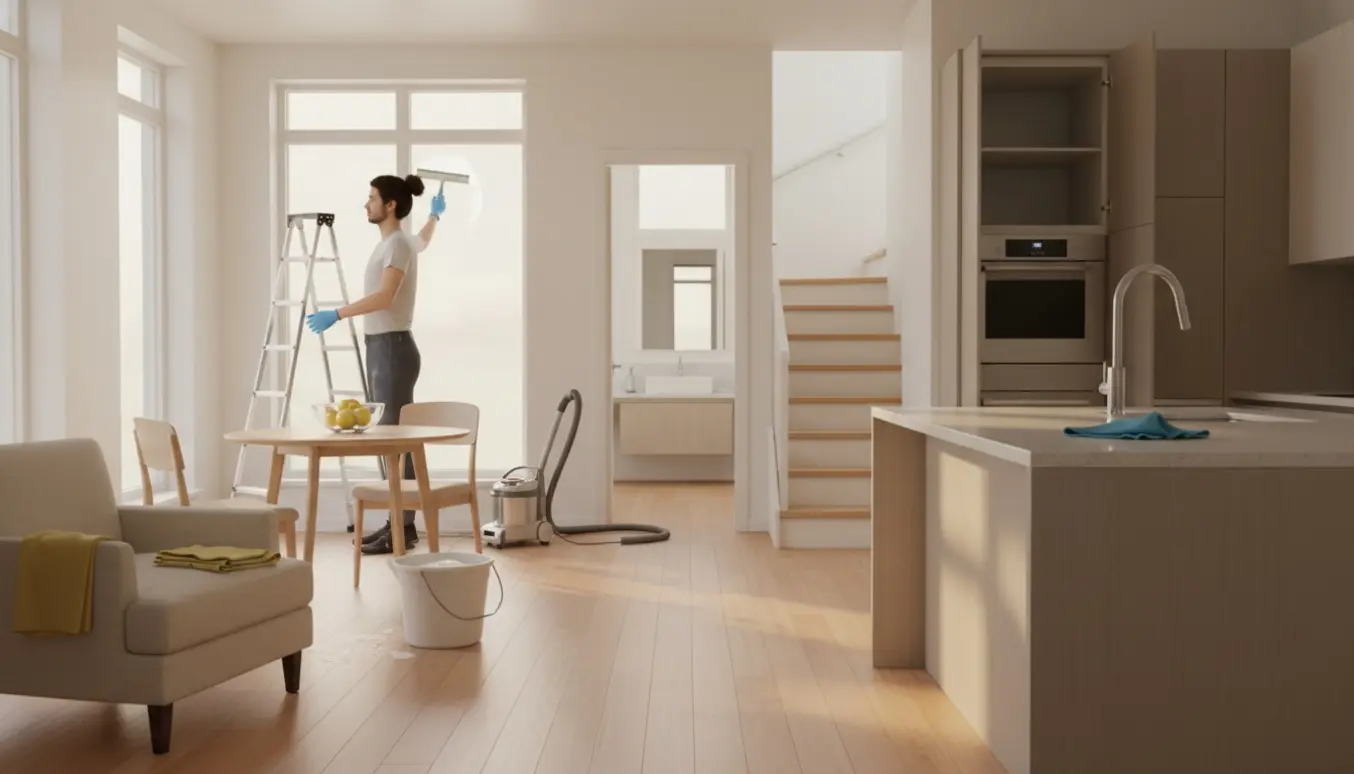 Soloplyst lejlighed efter totalrengøring med rengøringsudstyr og skinnende køkken, trappe til øverste etage i baggrunden.