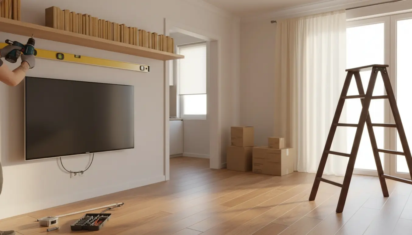 Håndværker monterer en usynlig hylde 30 cm under loftet i en lys stue med værktøj og vægmonteret tv.