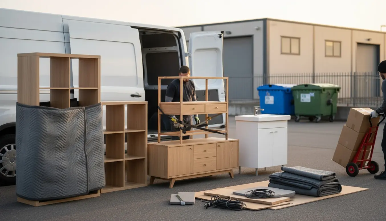 Møbler til genbrug pakket og læsset i en varevogn på en indkørsel, klar til at blive kørt til genbrugsstationen.