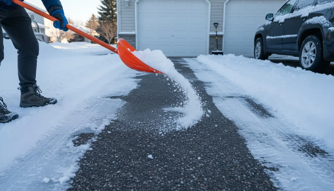 En person skovler sne fra en indkørsel foran en garage med snedriver langs kanten.