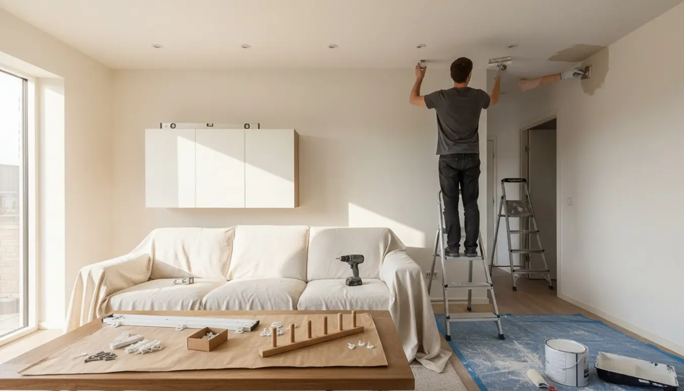 Arbejde i hjemmet med udskiftning af spots, opsætning af gardinskinne, montering af knager og reparation af hul i loftet.