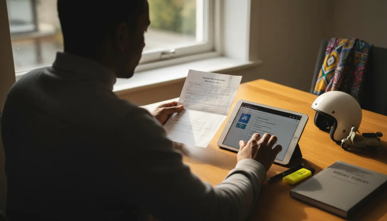 Mand med tanzanisk baggrund oversætter en dansk knallert-teoriprøve ved et bord med tablet og hjelm.