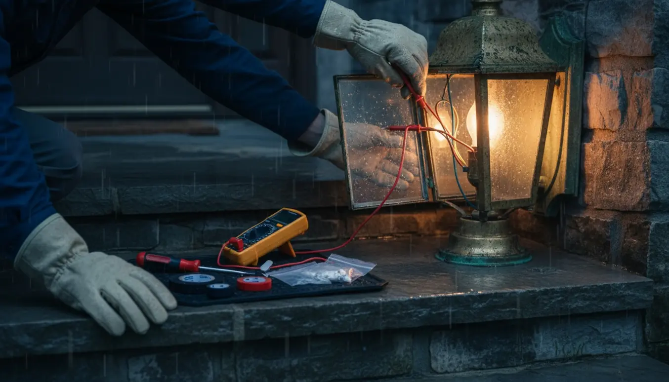 Elektriker tester udendørslamper ved hoveddøren i regn med multimeter og isolerede værktøjer.