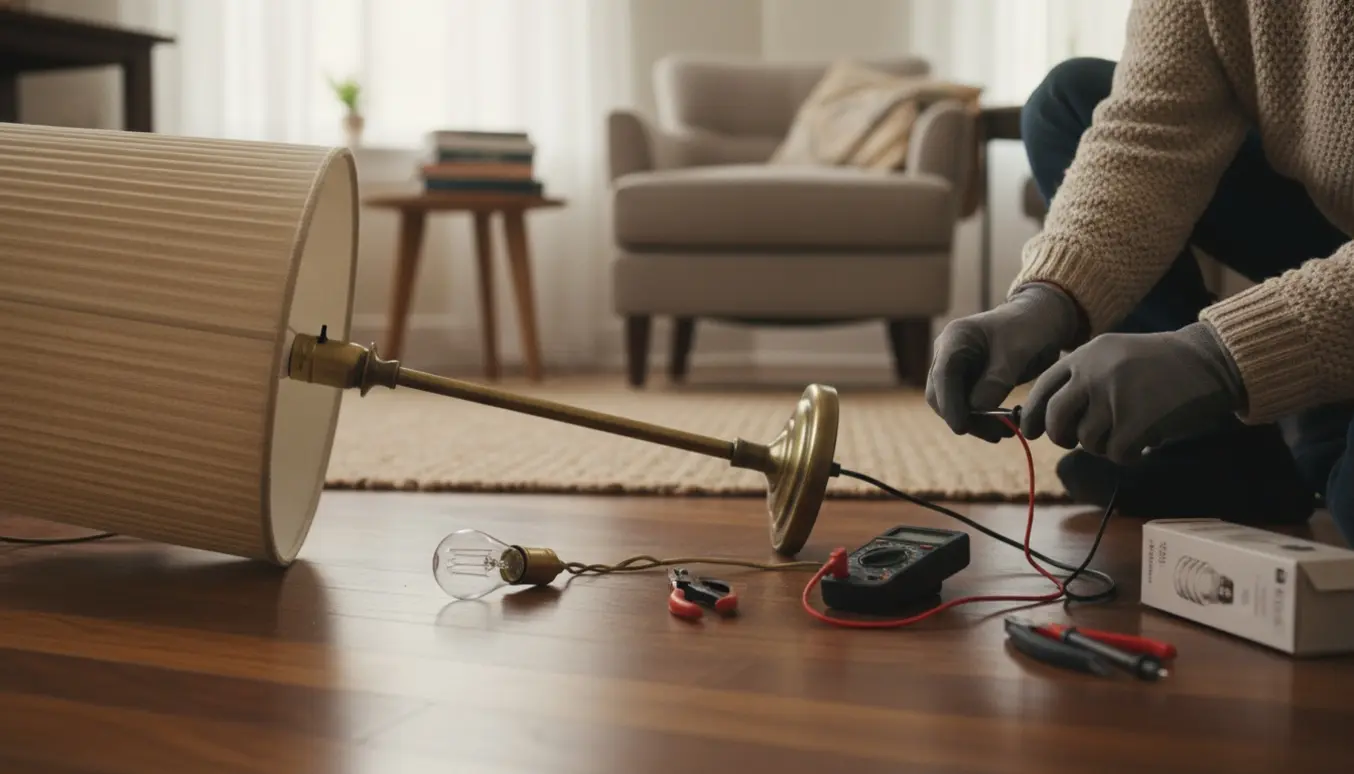 Hænder reparerer en gammel standerlampe på trægulvet med skruetrækker og multimeter.