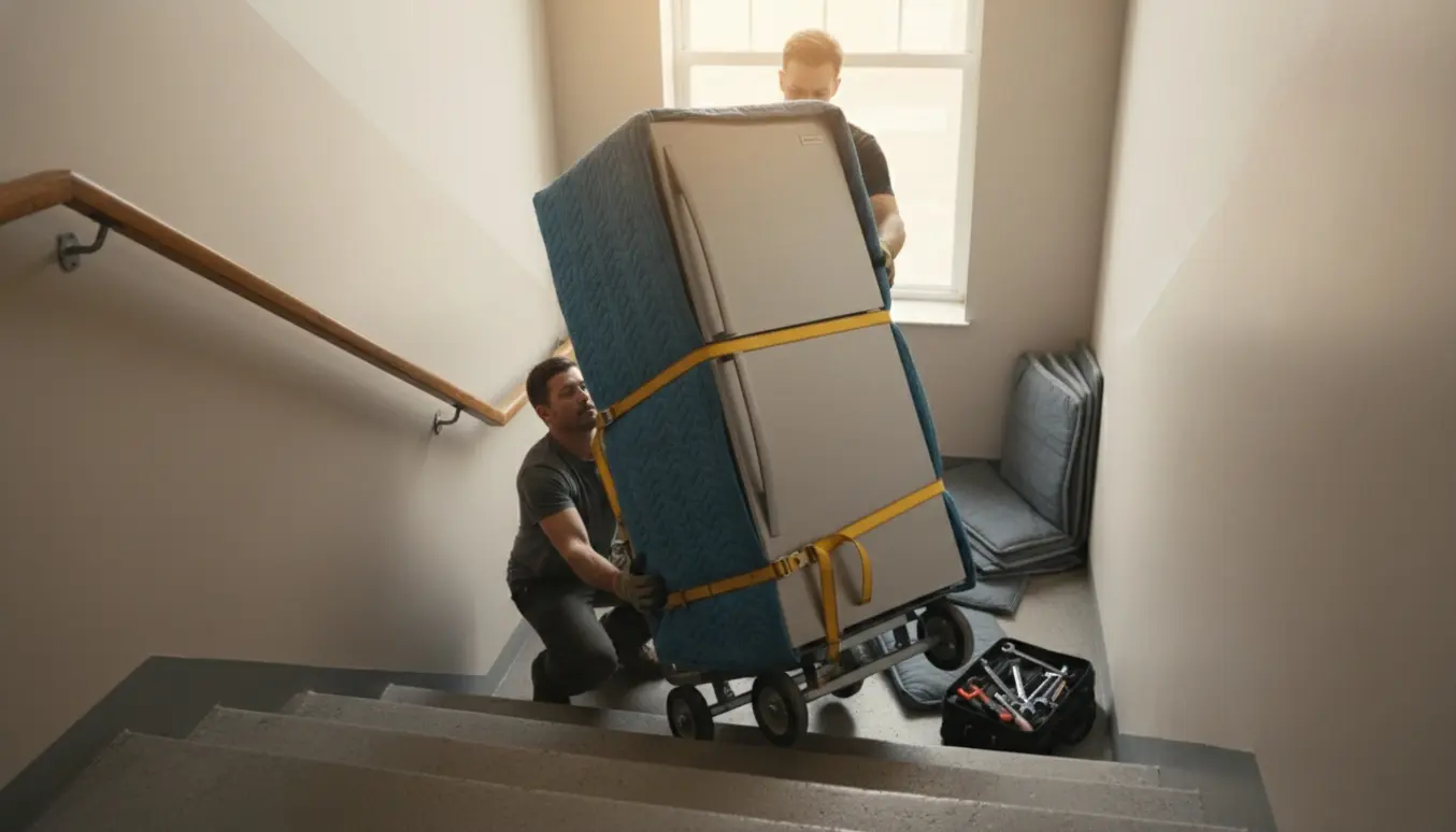 To flyttemænd sænker et pakkeindpakket køle-fryseskab ned ad en opgang fra anden sal med flyttevogn og sikkerhedsudstyr.