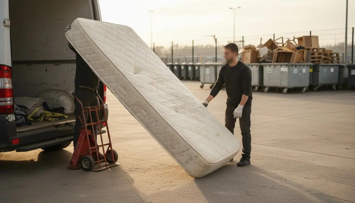 To personer bærer en stor boksmadras fra en åben varevogn mod containere på en genbrugsplads, ansigter ikke tydeligt synlige.