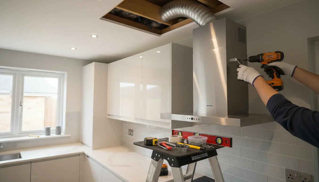 Montage af vertikal rustfri emhætte med aftræksrør ført op gennem et åbent loftsrum.