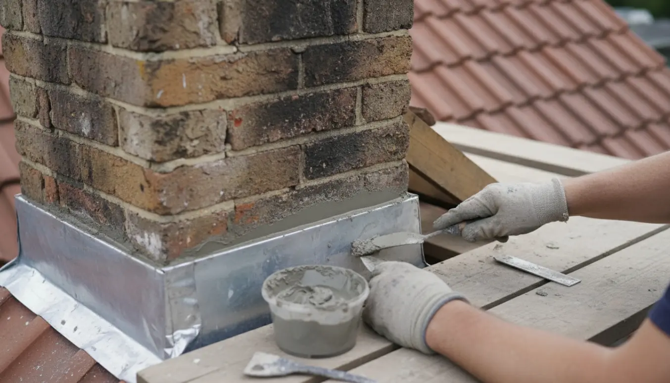 Nærbillede af murer, der påfører frisk mørtel ved skorstenens fod for at reparere utæthed på tagvæggen.