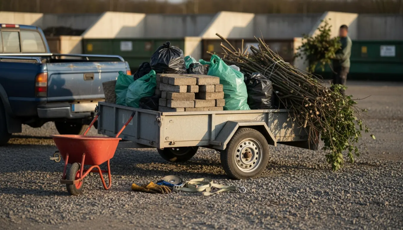 En trailer fyldt med havefliser og afklippede grene ved en genbrugsplads, med en person set bagfra der læsser.