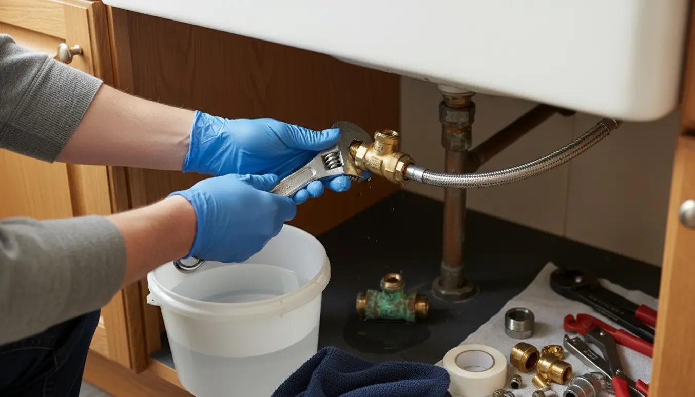 Hænder udskifter stophane under køkkenvasken med skiftenøgle og nyt messingstophane.