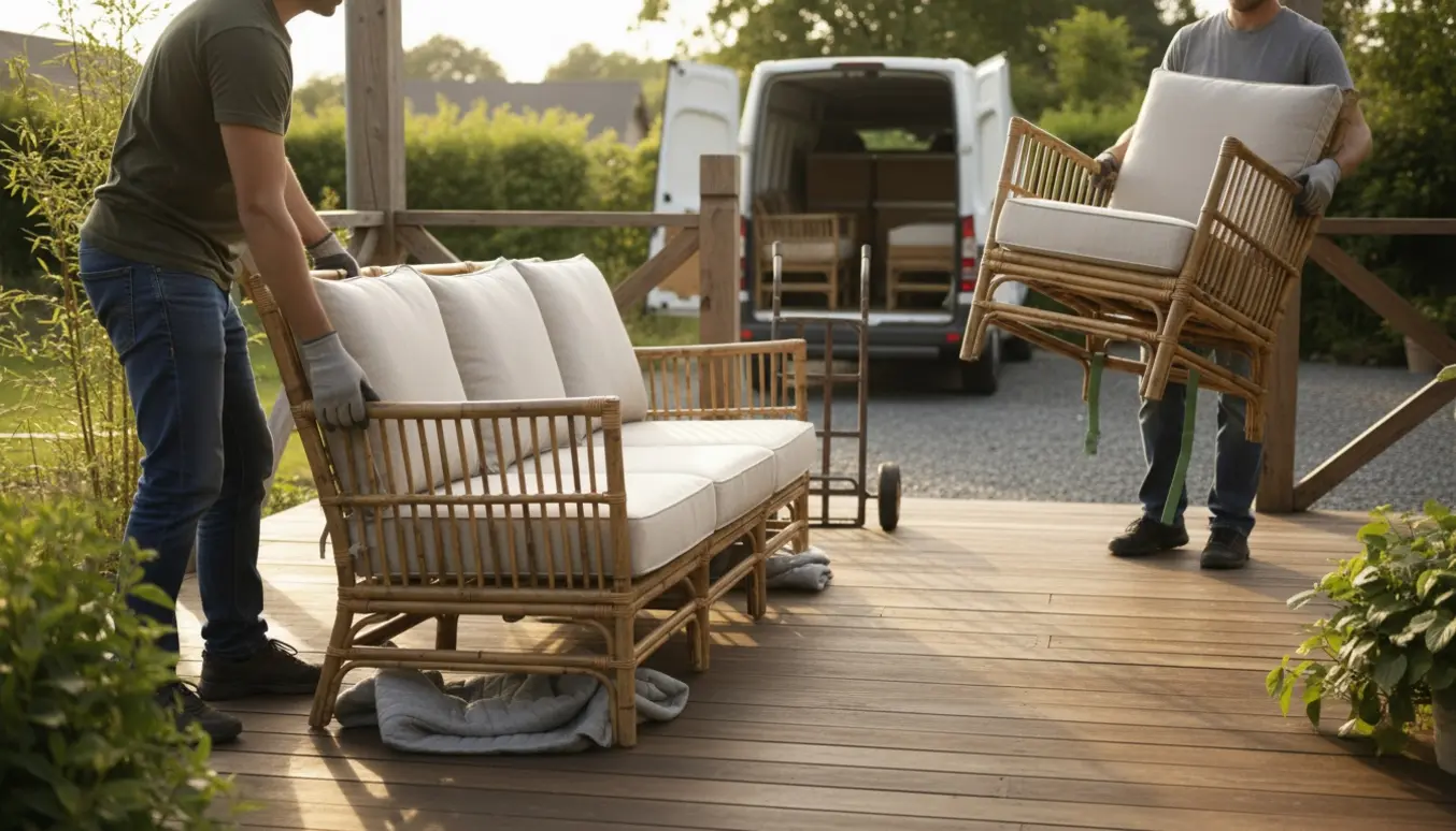 Bambushavesofa og to bambusstole flyttes på en solrig terrasse, personer løfter møbler med ansigterne vendt væk.