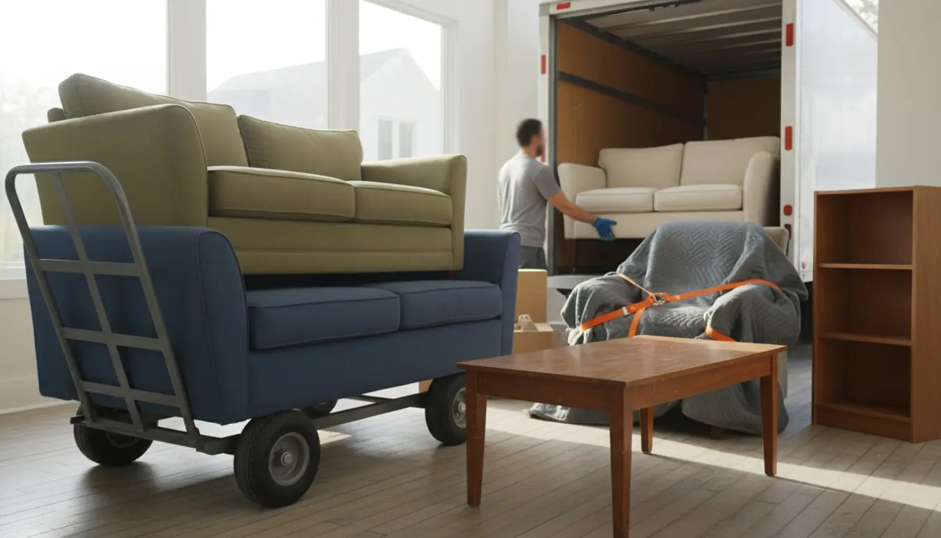 Tre sofaer og andre møbler klar til afhentning foran en åben flyttevogn.