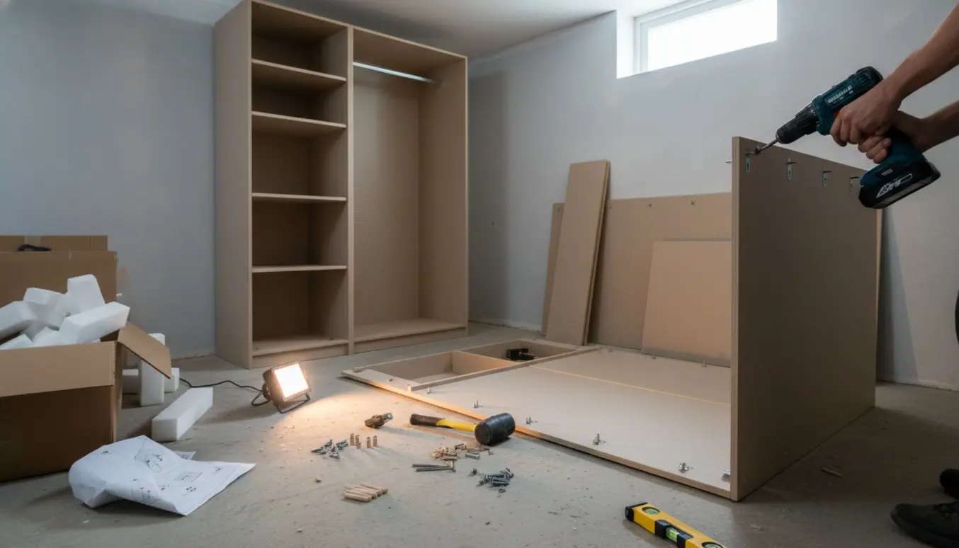 To klædeskabe er delvist samlet i en kælder, omgivet af værktøj og pakkemateriale.