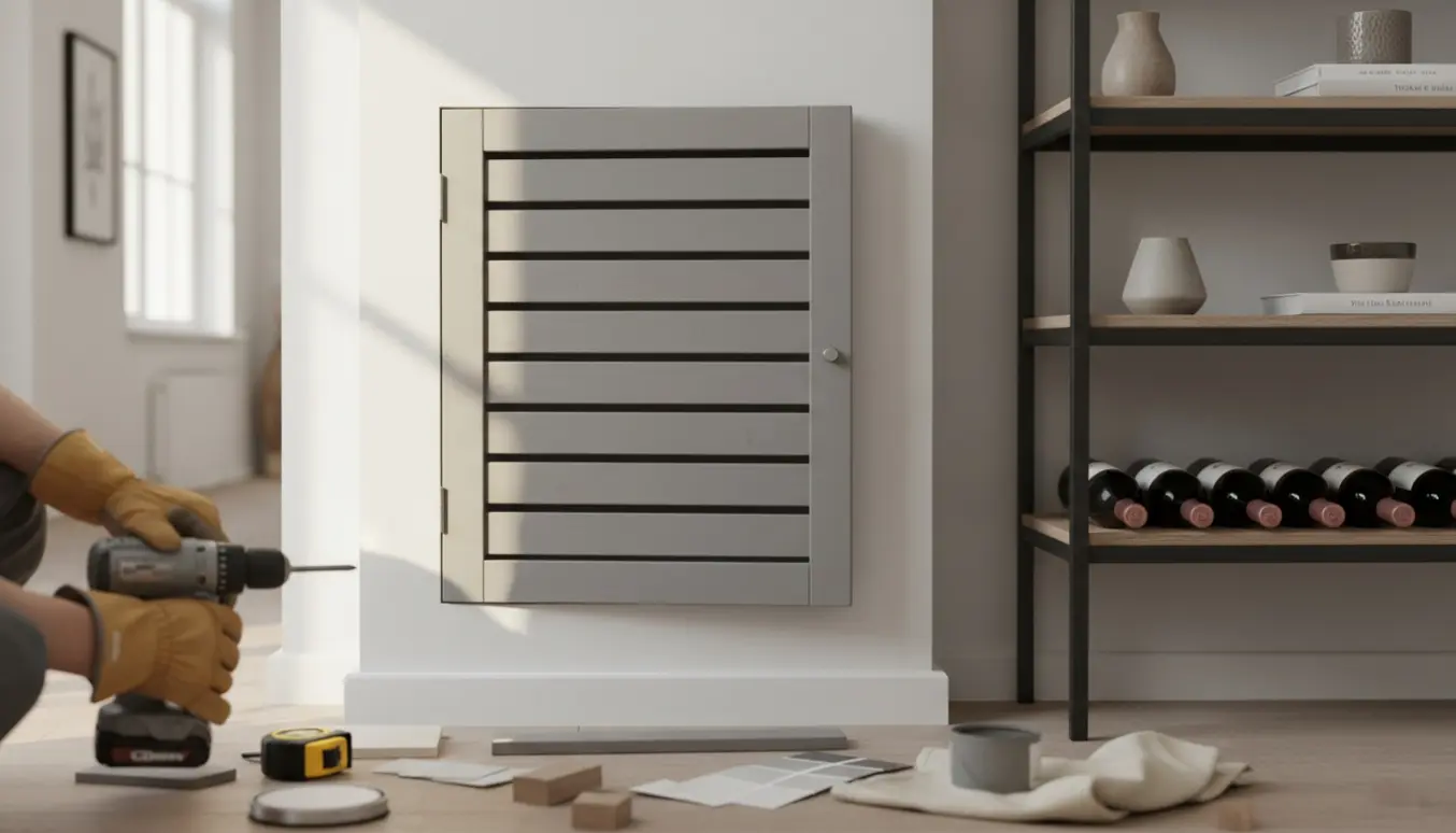 Skræddersyet træskjuler til målerskab på hvid væg med en sort jernreol til vin ved siden af.