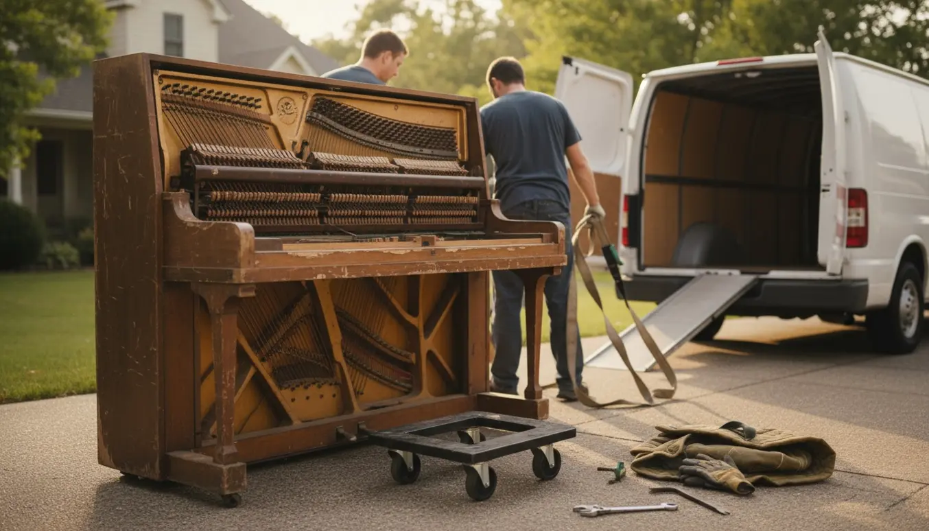 Et gammelt up-right klaver med synlig jernramme læsses op på en varevogn til bortskaffelse på en indkørsel.